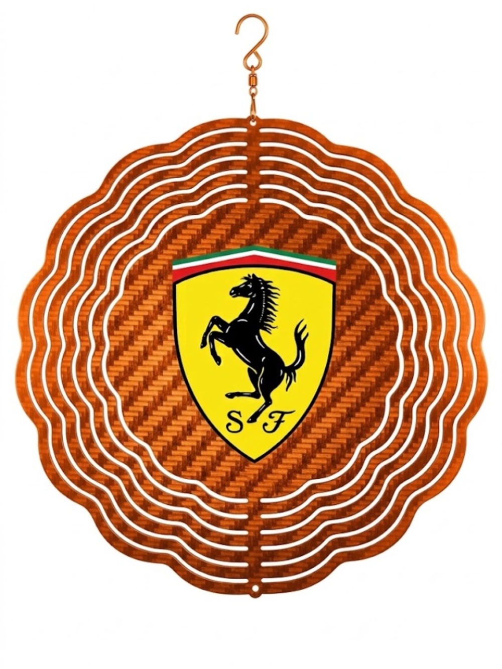 10" Ferrari Shield Kinetic Wind Spinner - Orange Carbon Metal Hanging Yard Decor